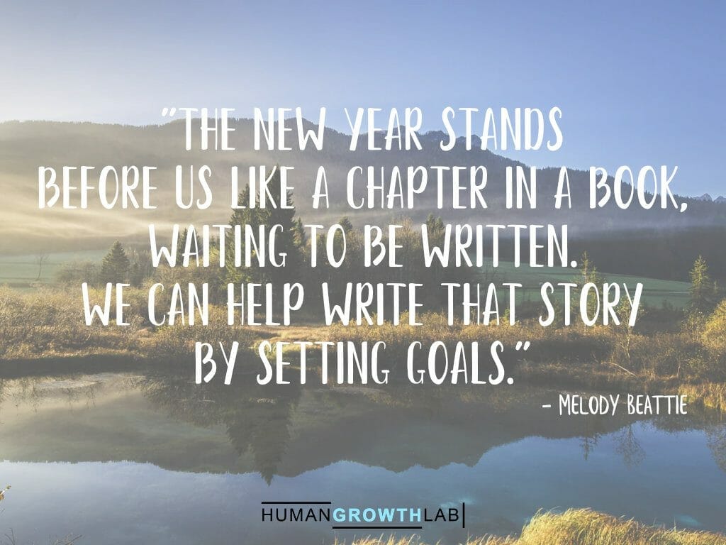 Melody Beattie quote on New Year resolutions - "The new year stands  before us like a chapter in a book,  waiting to be written.  We can help write that story  by setting goals."
