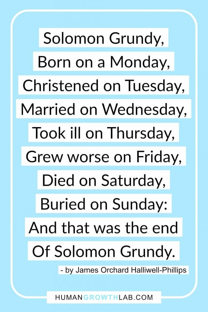 Solomon Grundy poem - Solomon Grundy, Born on a Monday, Christened on Tuesday, Married on Wednesday, Took ill on Thursday, Grew worse on Friday, Died on Saturday, Buried on Sunday: And that was the end Of Solomon Grundy.