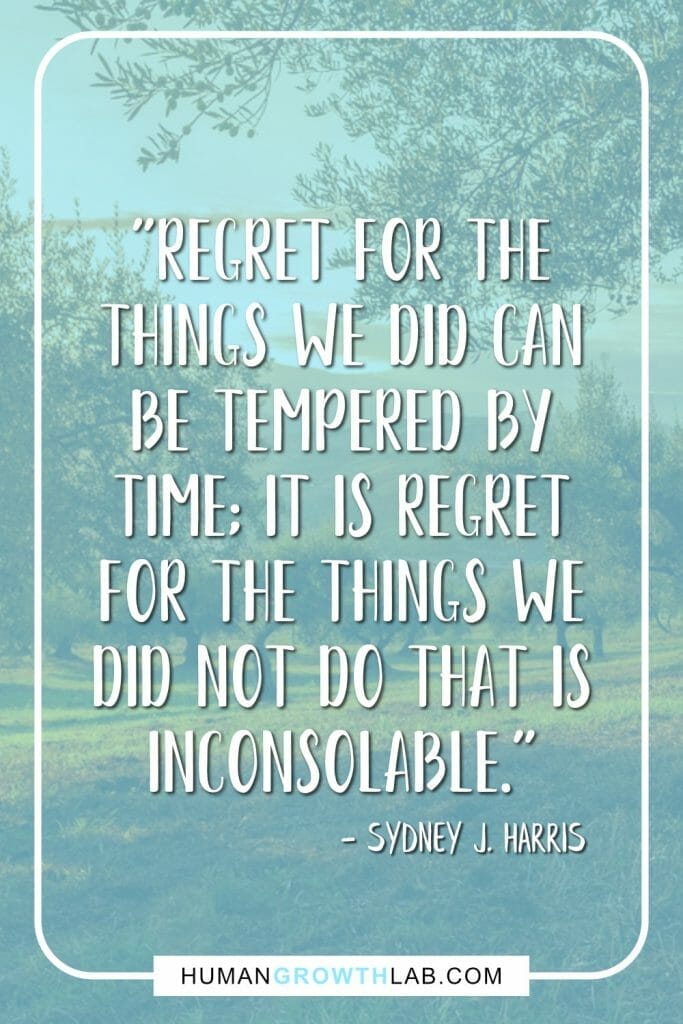 Sydney J Harris quote on having no regrets in life - "Regret for the things we did can be tempered by time; it is regret for the things we did not do that is inconsolable."