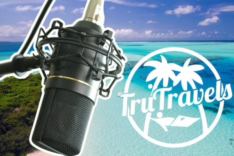 TruTravels interview with entrepreneur business owner microphone beach and TruTravel logo